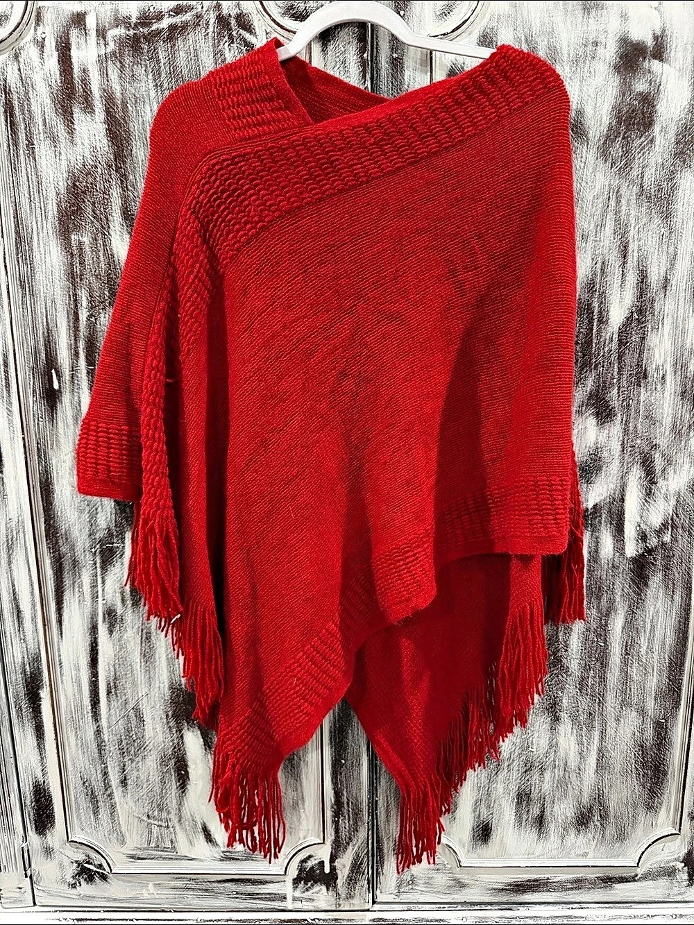 2 Chic Red Knit Fringe Poncho